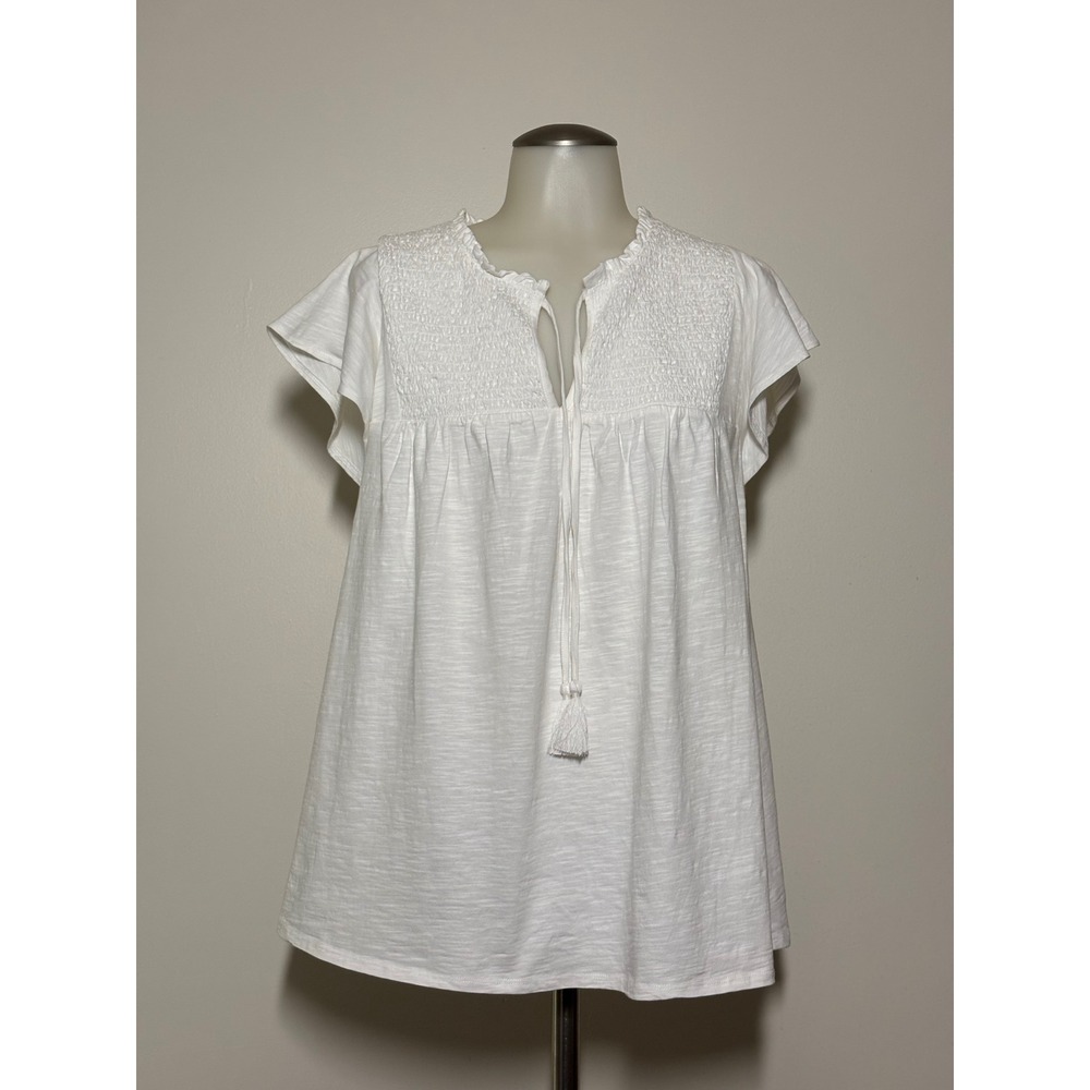 Lane Bryant Smocked Blouse Women 14/16 White New Cotton Flutter Sleeve Tassel‎
